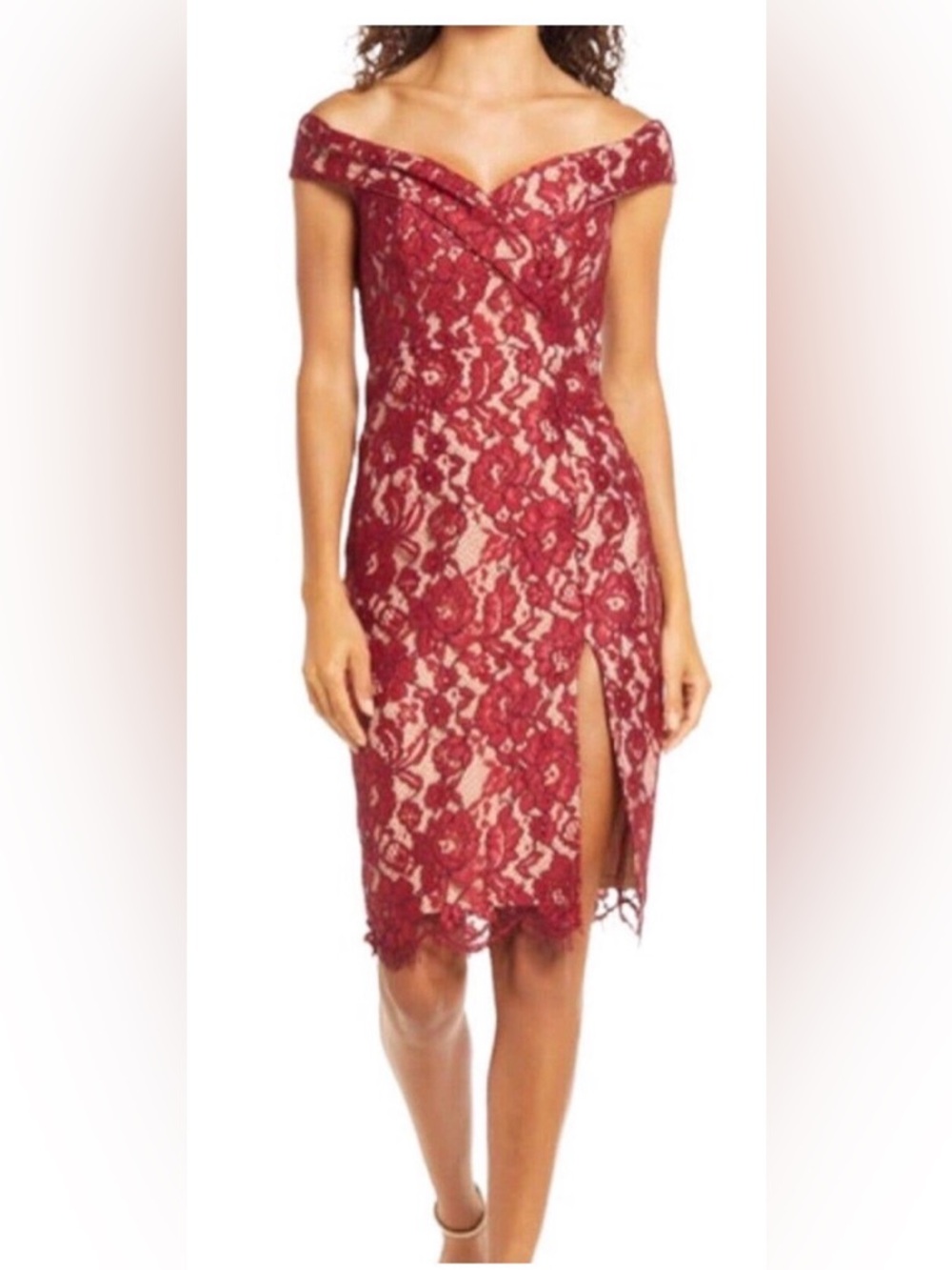 NWT Lulus Table for Two Wine Red Lace Off the Shoulder Sexy Sheath Dress Small